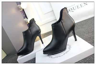 真皮女靴2017秋新款細跟尖頭短靴黑色百搭短靴裸靴子韓版高跟深口單鞋女鞋性感黑色246-6 東材馬丁靴型號【價格 圖片 品牌 報價】-蘇寧易購力盾服飾鞋帽專營店